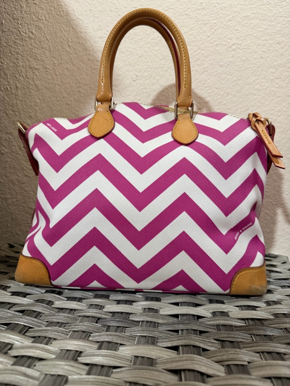 Dooney & Bourke Pink & White Geena Chevron Top Handle Satchel - Tan Leather Trim - Picture 6 of 16